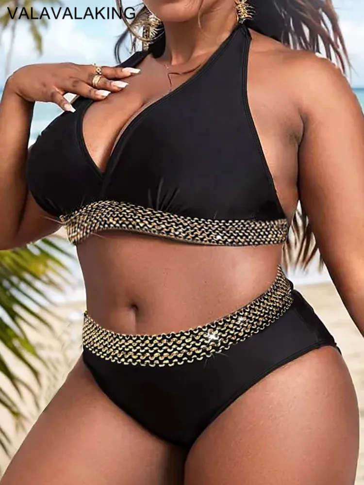 2025 Czarny 2-częściowy zestaw bikini Plus Size Kobiety Wiązany Halter Duży kostium kąpielowy Wysoka talia Lady Stroje kąpielowe Chubby Curvy Strój