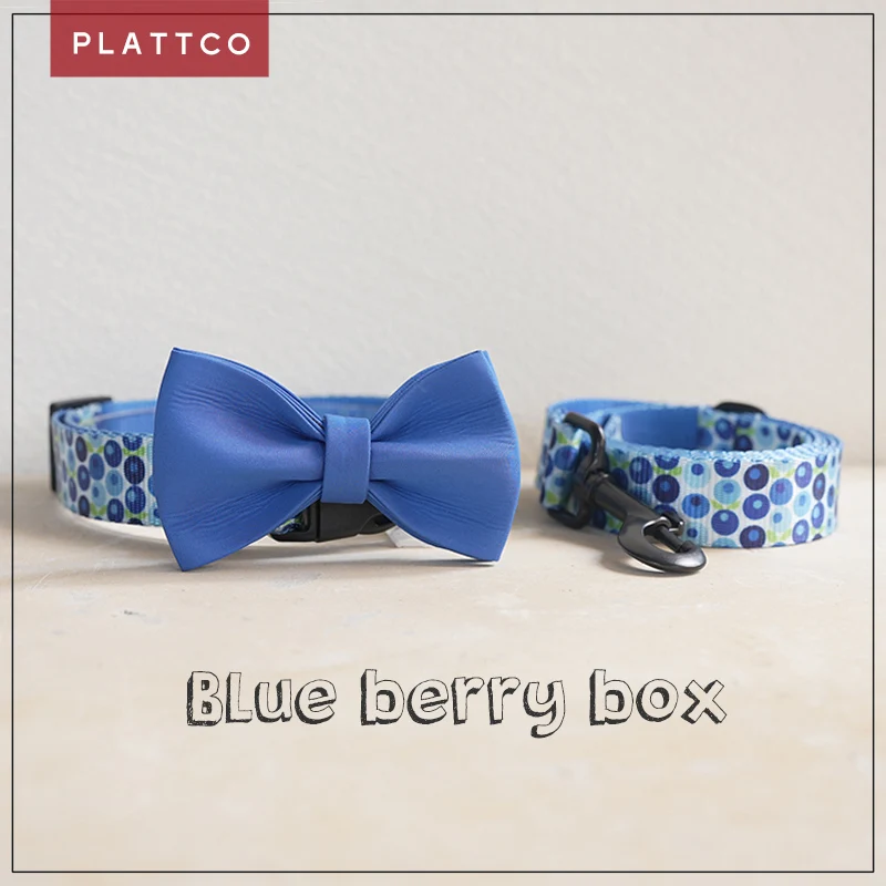 PLATTCO  nylon dog bow tie collar leash set BLUE BERRY BOX personalized collar with safety buckle for small medium large PDC328