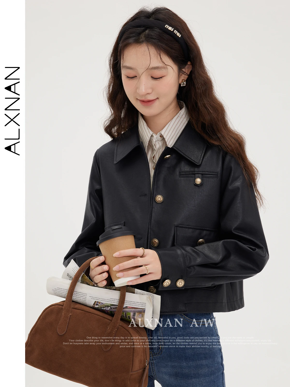 

ALXNAN Black Locomotive Leather Jacket for Women Lapel Collar Long Sleeve Metal Single Breasted Fall Winter Casual Coat LXN31635