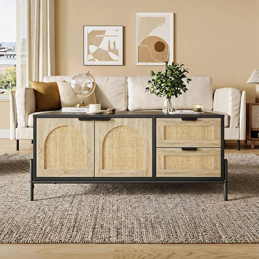 Rattan Coffee Table with LED Lights, Mid Century Modern Rattan Coffee Table with Storage Boho Rectangle Center Table with 2 Dra