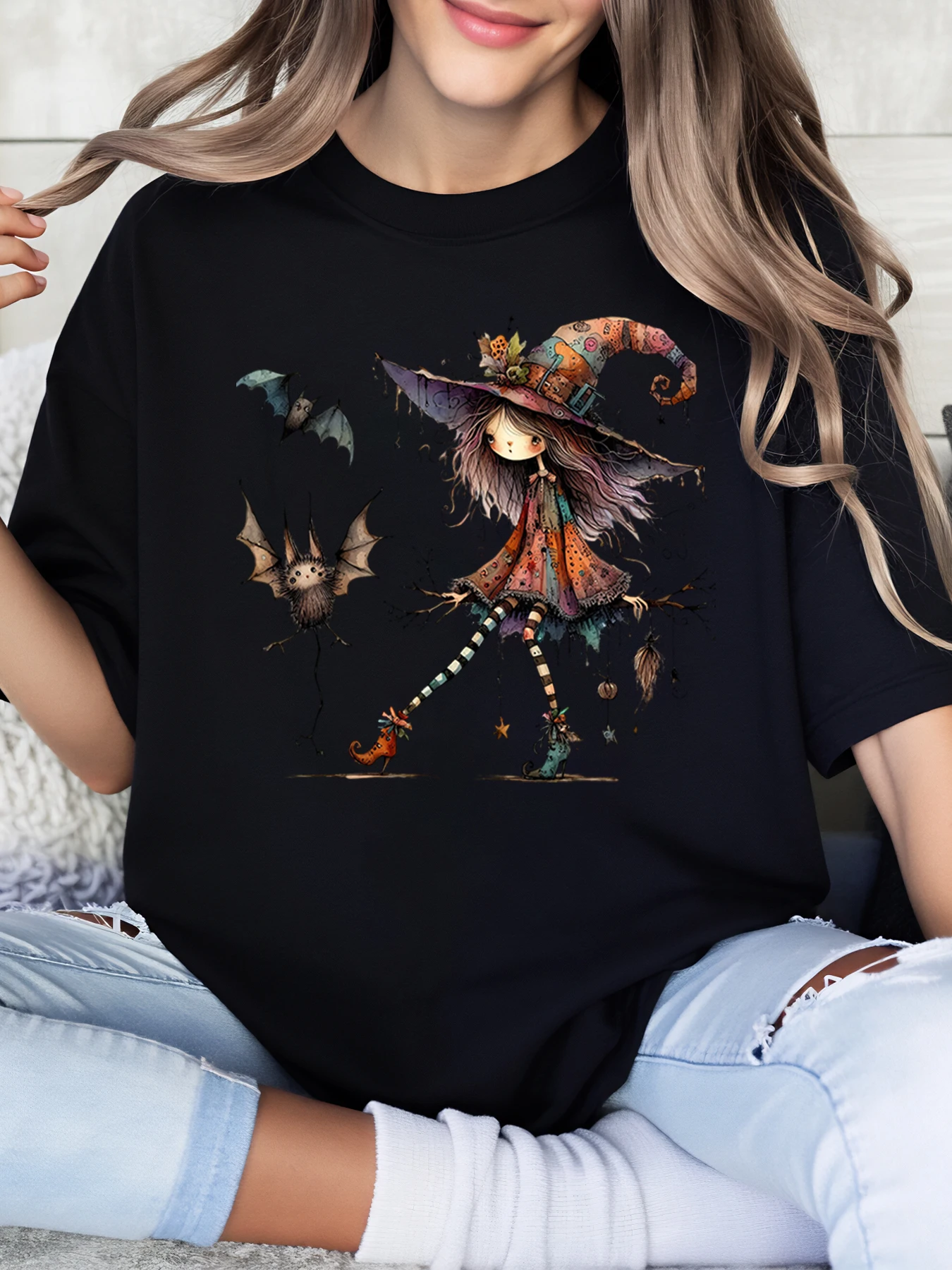 Skurrile Hexe und Fledermäuse Print Halloween T-Shirt Damen Casual Outfit Schwarz Plus-Size