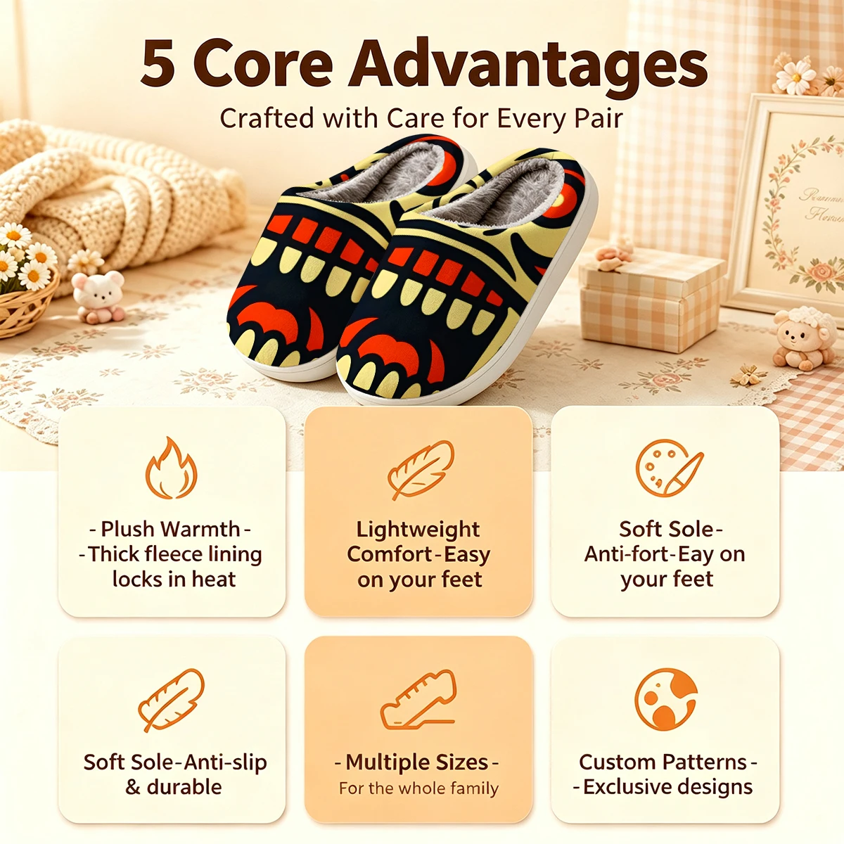 Tribal Mask Totem Christmas White Slippers Warm Plush Indoor Shoes Non-Slip Winter Slippers Family Holiday Gifts Soft view 4