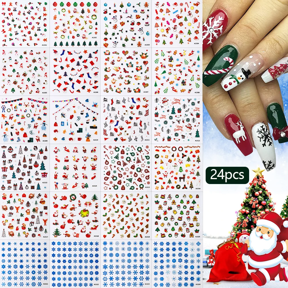 24 Stück 3D-Weihnachts-Nagelkunst-Aufkleber mit glitzerndem Weihnachtsmann, Rentier und Schneemann, 3D-Cartoon-Aufkleber, selbstklebende festliche Maniküre