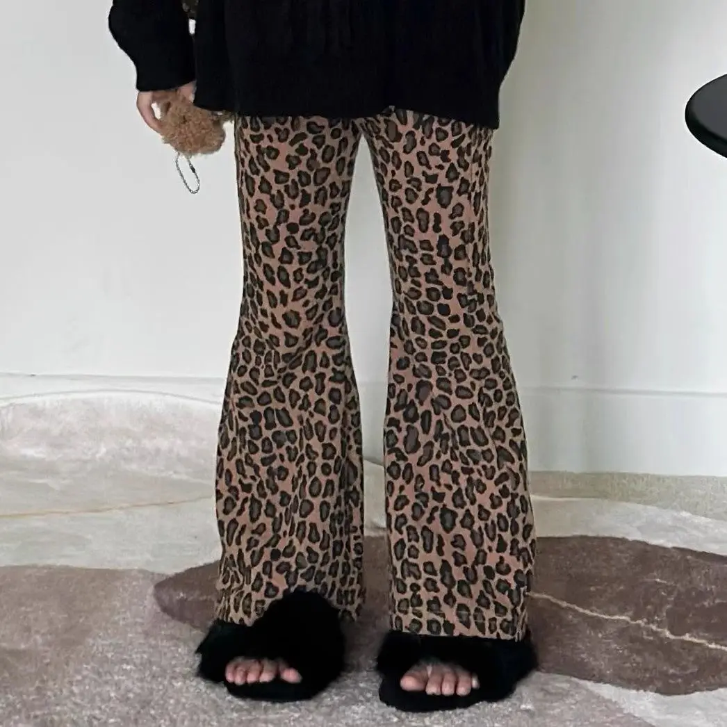 New girls' autumn and winter penny-level leopard print flared pants children's fashionable versatile trousers