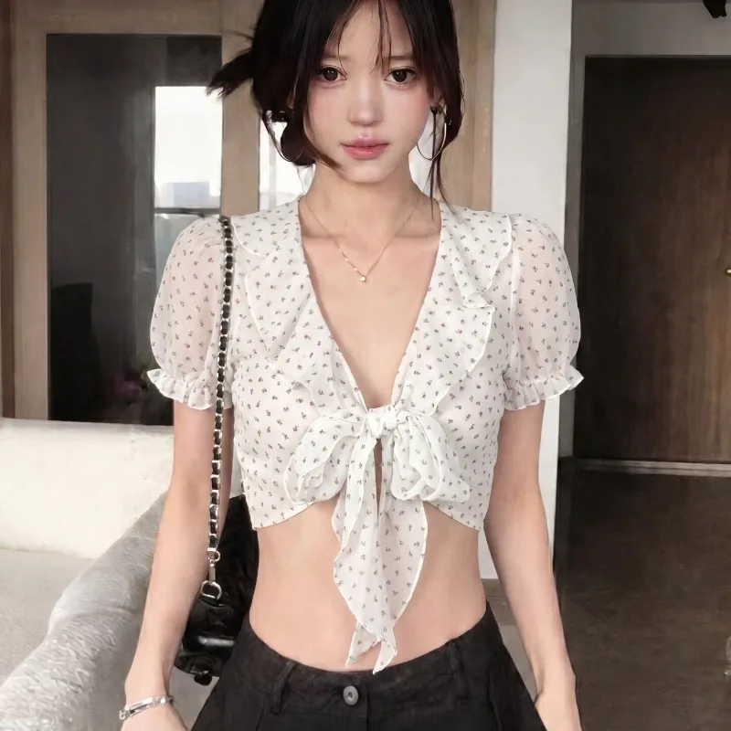 

T Shirts Women Floral Printed Bandage Chiffon Vintage Fashion Crop Tops Ruffles Sexy Clubwear Female Casual Tee Shirt