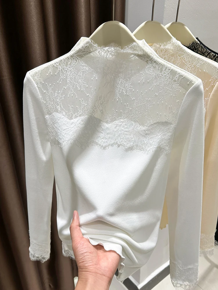 

Женская бархатная футболка с рюшами и высоким воротником, с кружевными вставками и вырезами, белая, для весны, осени и зимы, сексуальная, для ношения под одеждой