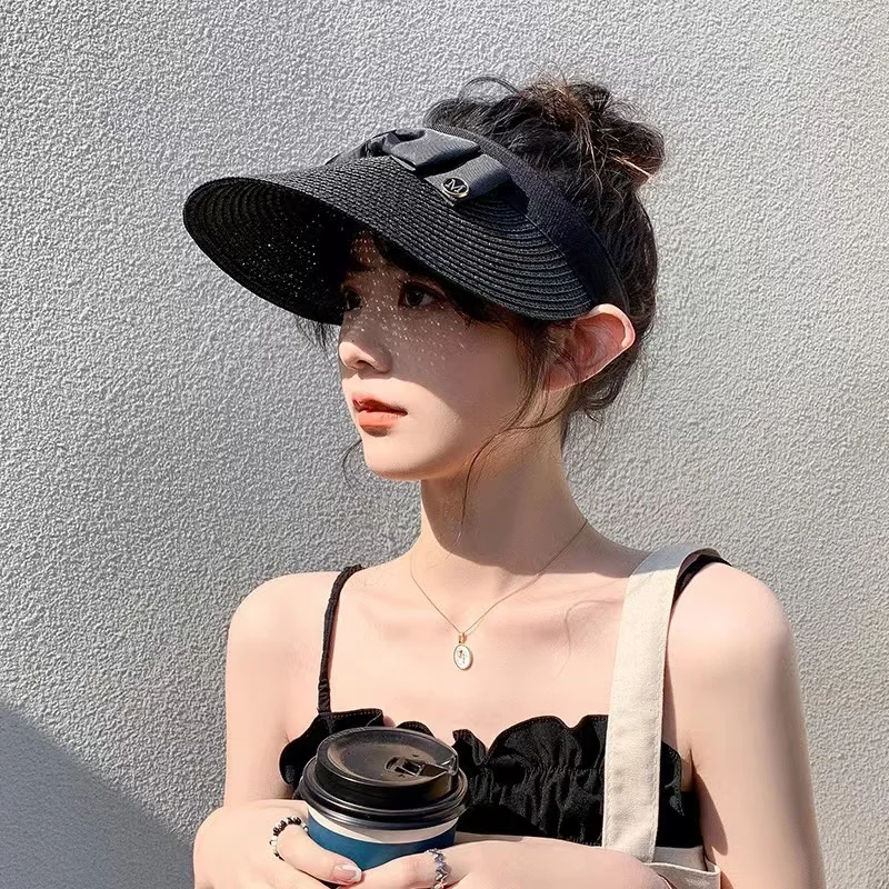 Neue Sommer leere Top Bast Strohhut Frauen Outdoor-Reise Strand Sonnencreme Anti-UV-Reiten Sonnenhut Mädchen große Krempe Bogen Visier Kappe – Detail 7
