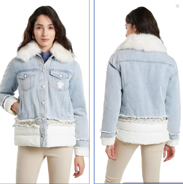 Foreign trade original single Spanish sequin patchwork fur collar denim jacket