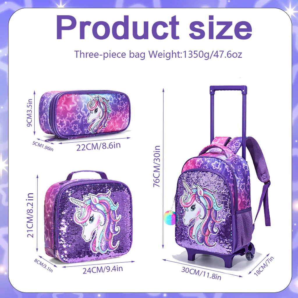 Primary School Student School Trolley Bags Set with Lunch Bag Pen bag Travel Trolley Bag for Girls Rolling Luggage Suitcase