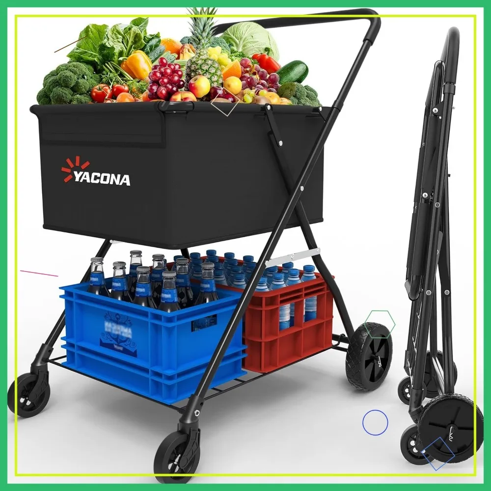 عربة تسوق قابلة للطي بطبقتين مع عجلات، عربة بقالة مقاومة للماء للغسيل والنقل، سعة 150 رطل