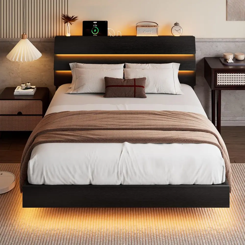 Floating Bed Frame Queen Size with Led Headboard and Charging Station, Metal Platform Bed Base with Storage, Remote Control, He