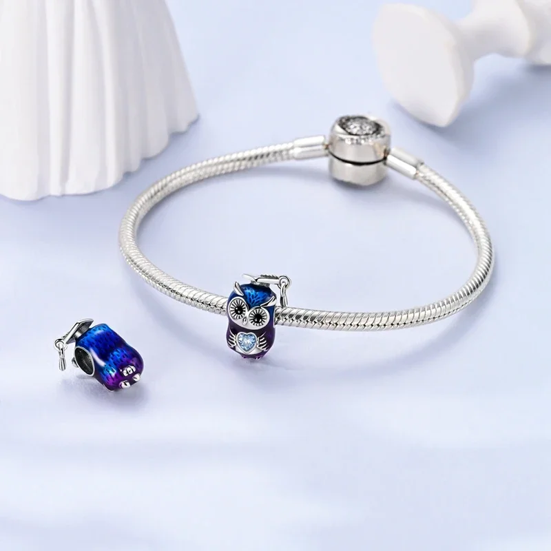 سحر الفضة 925 قبعة البكالوريوس البومة على شكل قلب الخرز صالح سحر بلاتا 925 الأصلي خرز سوار النساء صنع المجوهرات Diy بها بنفسك #1