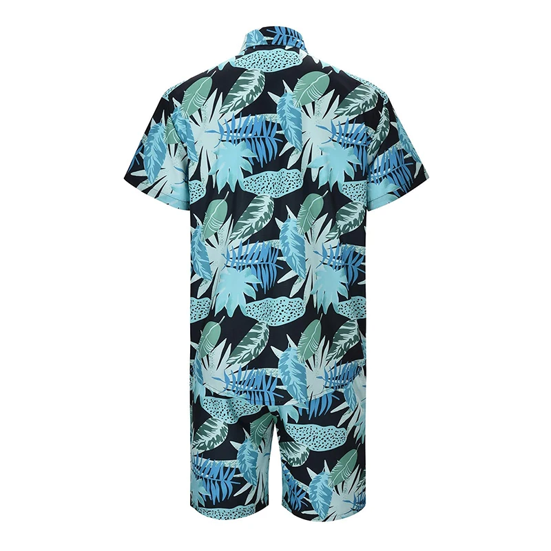 Men s 2 Piece Beach Set Leaves Floral Print Button Down Short Sleeve Shirts and Shorts Sets Holiday Hawaii Matching Outfits