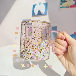 Korean ins Girl Heart  Kawaii  Bubble Star Sky Cup Star Sequin Double Wall Glass Coffee Cups Handle Heat Resistant Milk Mug