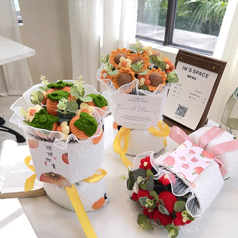 

Flower Bouquets Finished Yarn Knitting Fruit Bouquets Finished Crochet Bouquets Hand Woven Flowers Valentine's Day Gifts