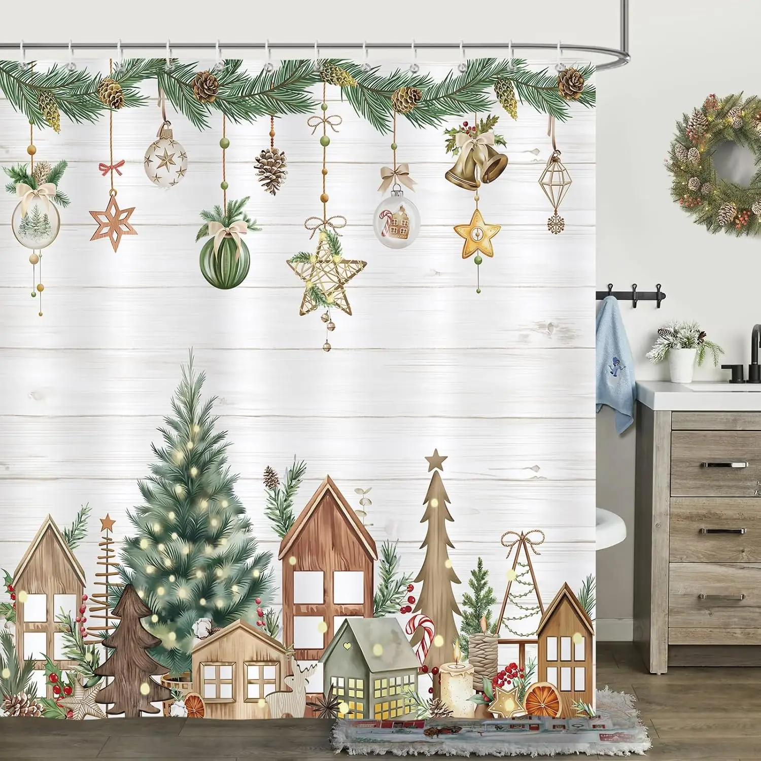 

Christmas Shower Curtain, Winter Xmas Tree Wooden Cabin Gifts Rustic Farmhouse Bathroom Decor Polyester Fabric Waterproof Bath