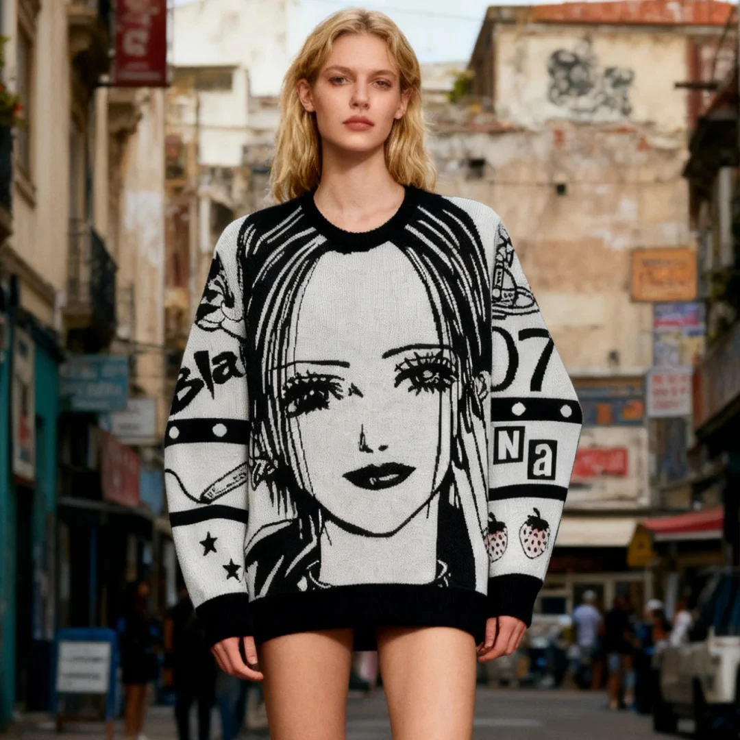 

Kawaii Cartoon Aesthetics Girl Pattern Casual O Neck Sweater 2000s Japanese Street Vintage Harajuku Loose Warm Pullover Knitwear