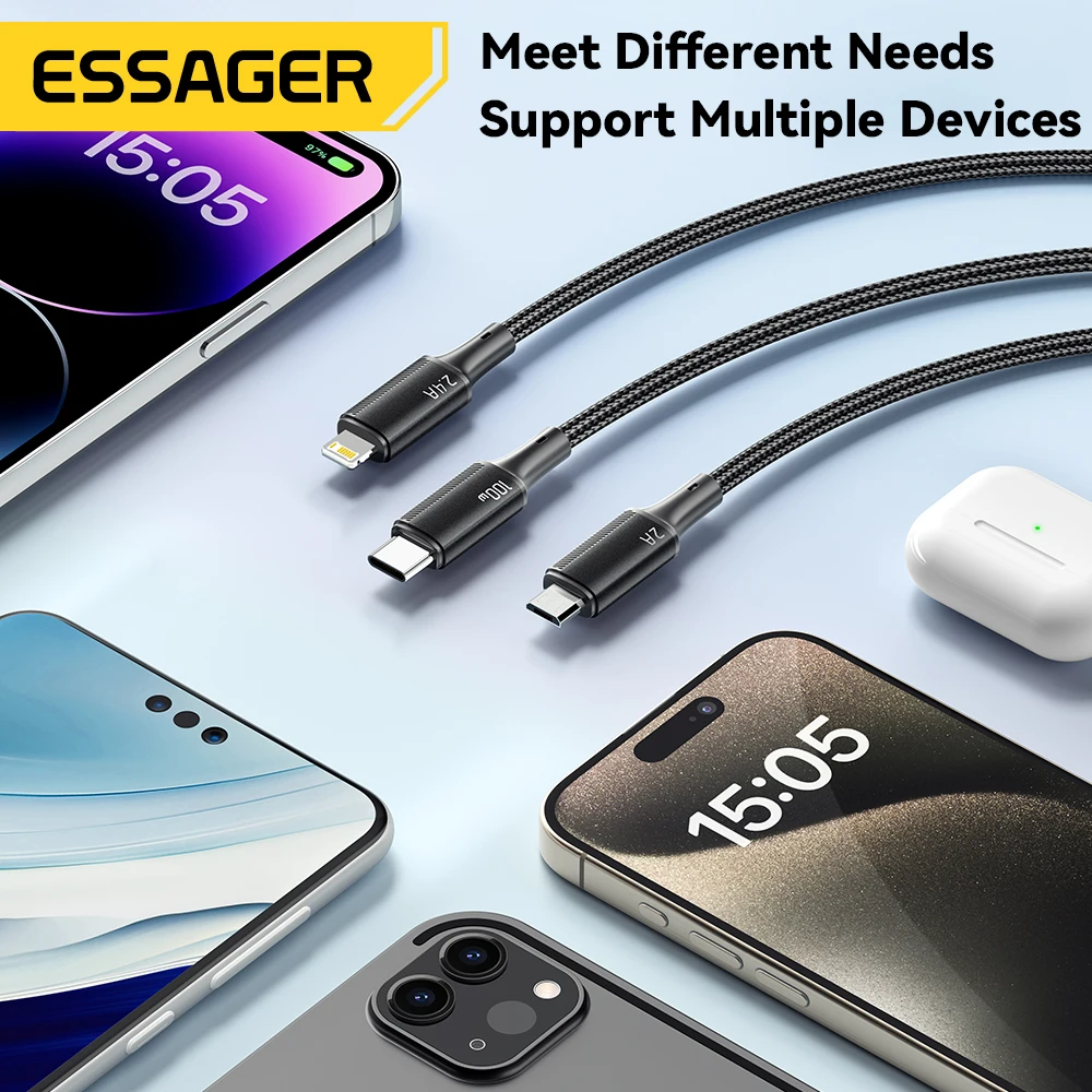 Essager 100W Cable USB C to Type C to Lighting PD Fast Charger Data 3 in 1 Quick Charging Cord For Macbook iPhone Samsung Xiaomi