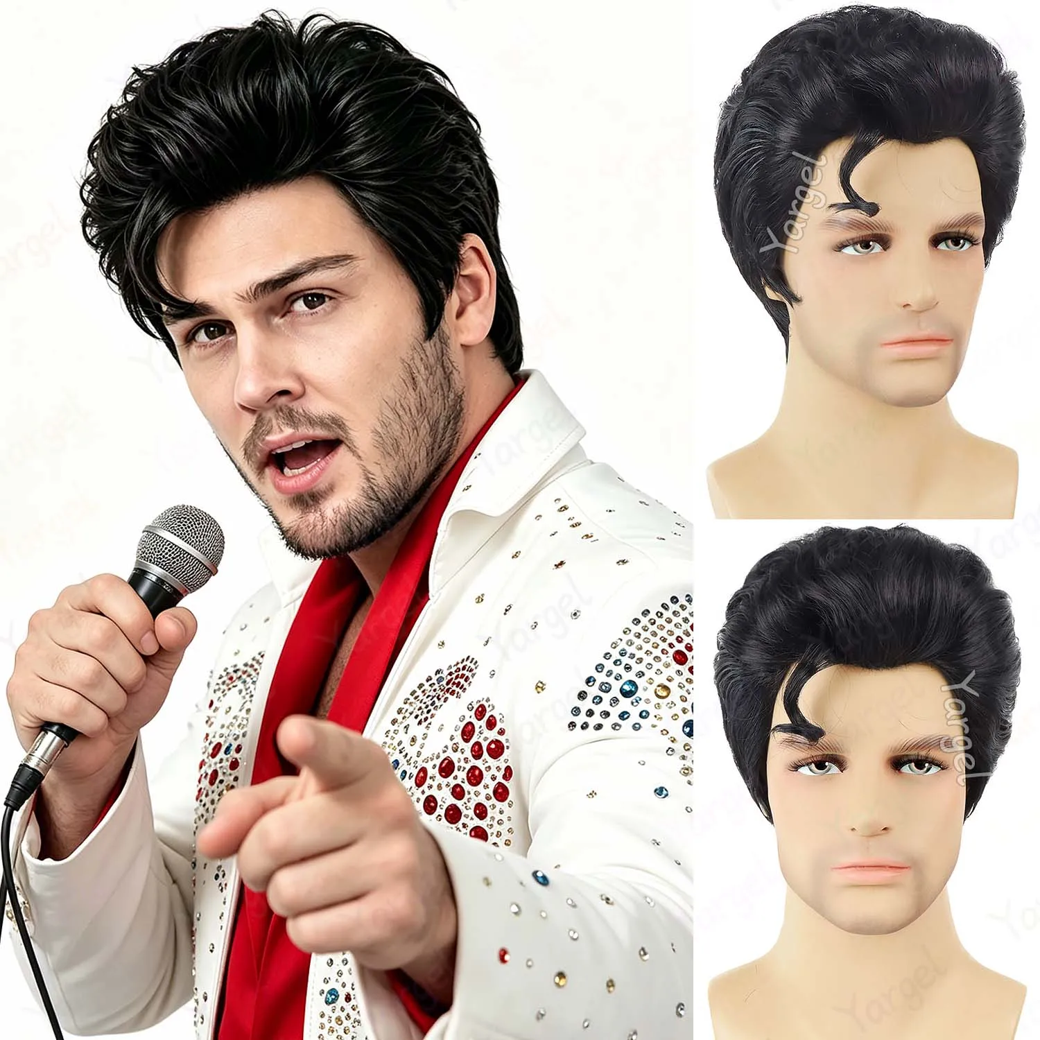 

Synthetic Black Mens Disco Rocker Wigs for Singer Star 50s 60s Funny Rock Wig Elvis Cosplay Wig for Halloween Party Daily Wear