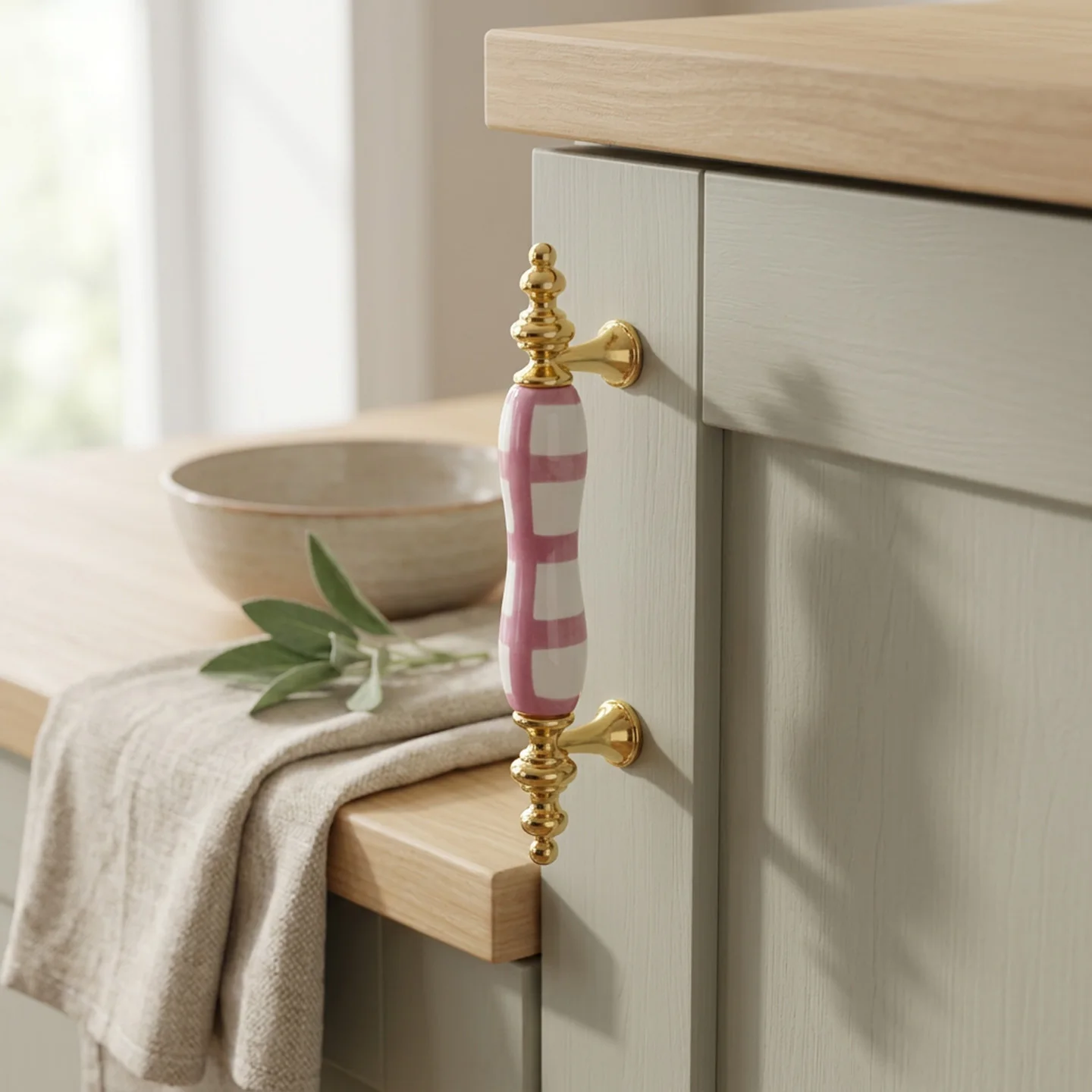 2Pcs French Light Luxury Drawer Cabinet Handles 7.6cm Hole Bronze Gold Pink Ceramic Stripes Cream Girl Dopamine Style with Screw
