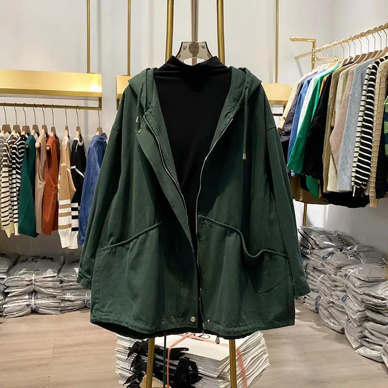 Casual Loose Women's Jaet Retro Workwear Sle Spring Season Large Size Faionable Versatile Cotton Hooded Zipper Closure