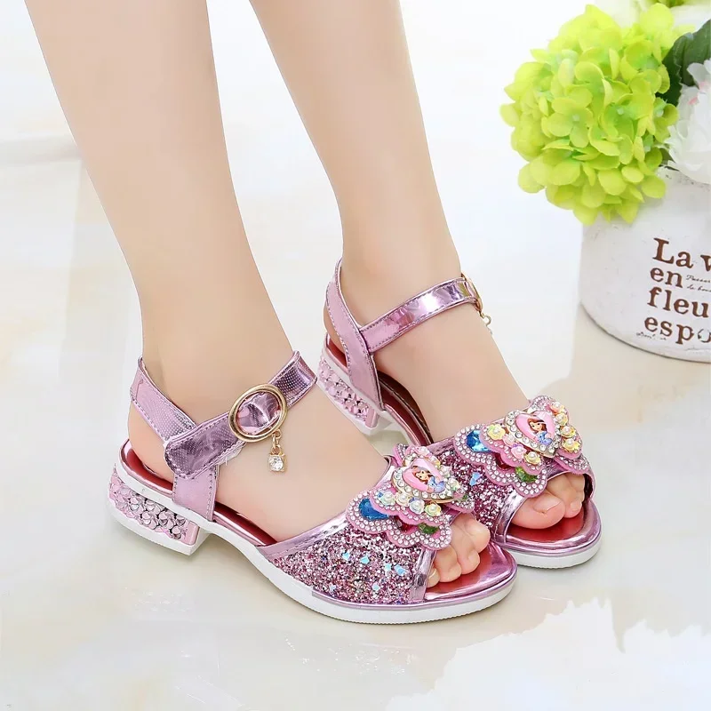 Girls Princess Sandals Sequins Party Wedding Versatile Children's Low-heels Sandals Fashion Bowknot Peep Toe Summer Kids Shoes