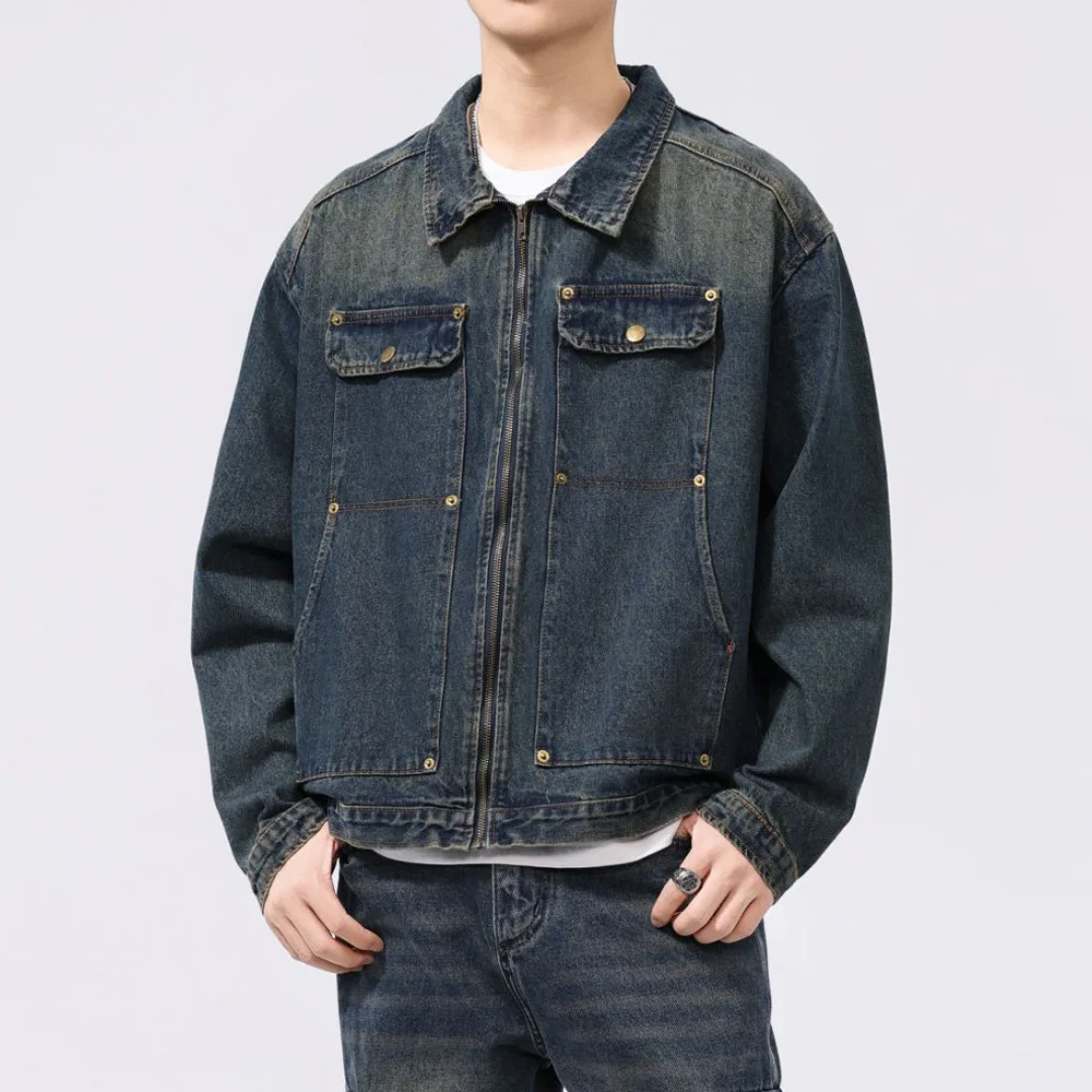 

Vintage Washed Denim Jacket Men Streetwear Fashion Loose Casual Zipper Demim Cargo Jacket Spring Autumn Jeans Coat Outerwear