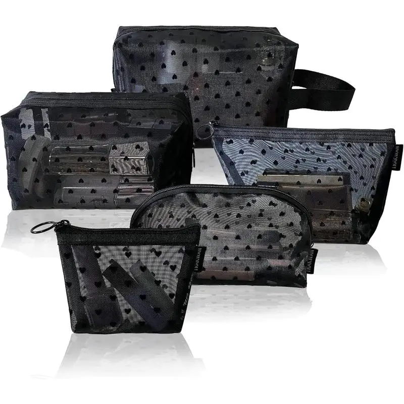1PCS Casual Wave Point Love Heart Mesh Makeup Bag Zipper Large Capacity Transparent Cosmetic Bag Storage Toiletry Bag Travel