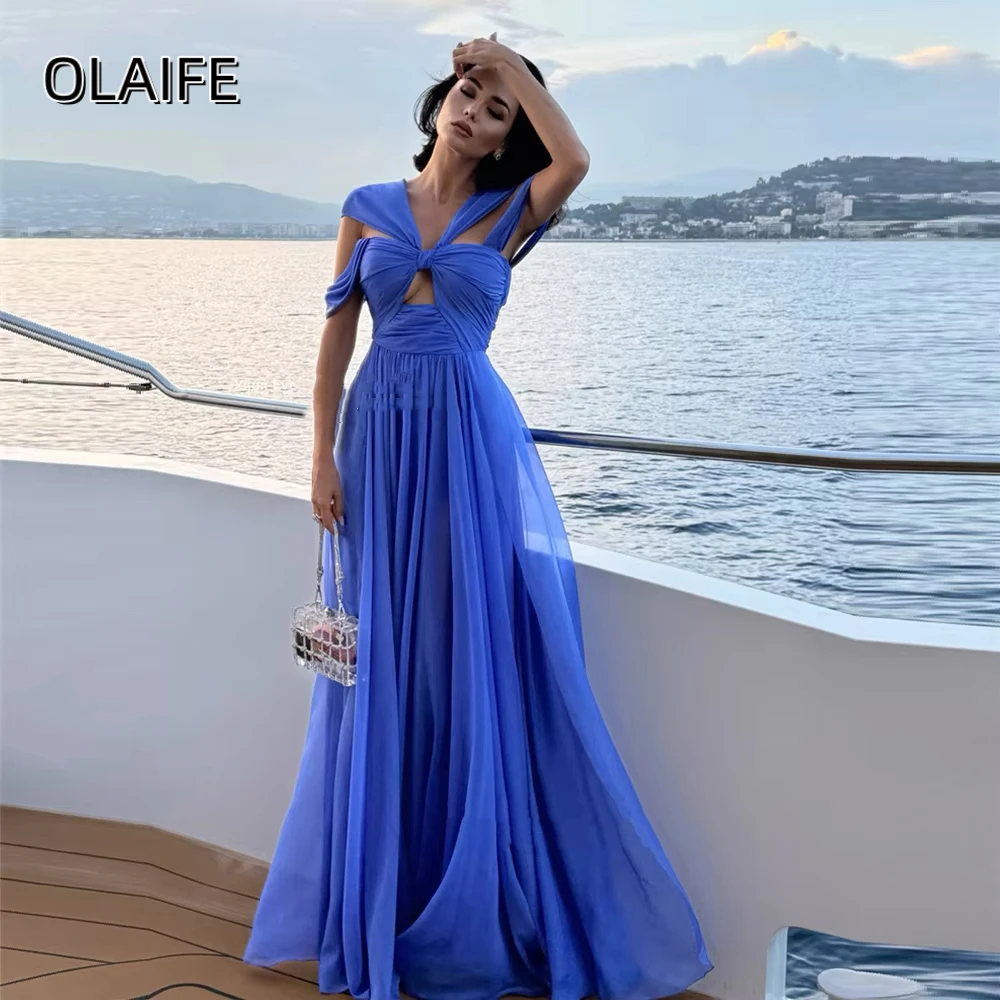 

Olaife Chiffon Long Evening Dresses Straps A-Line Prom Dresses Floor Length Formal Event Prom Gowns Women Wear