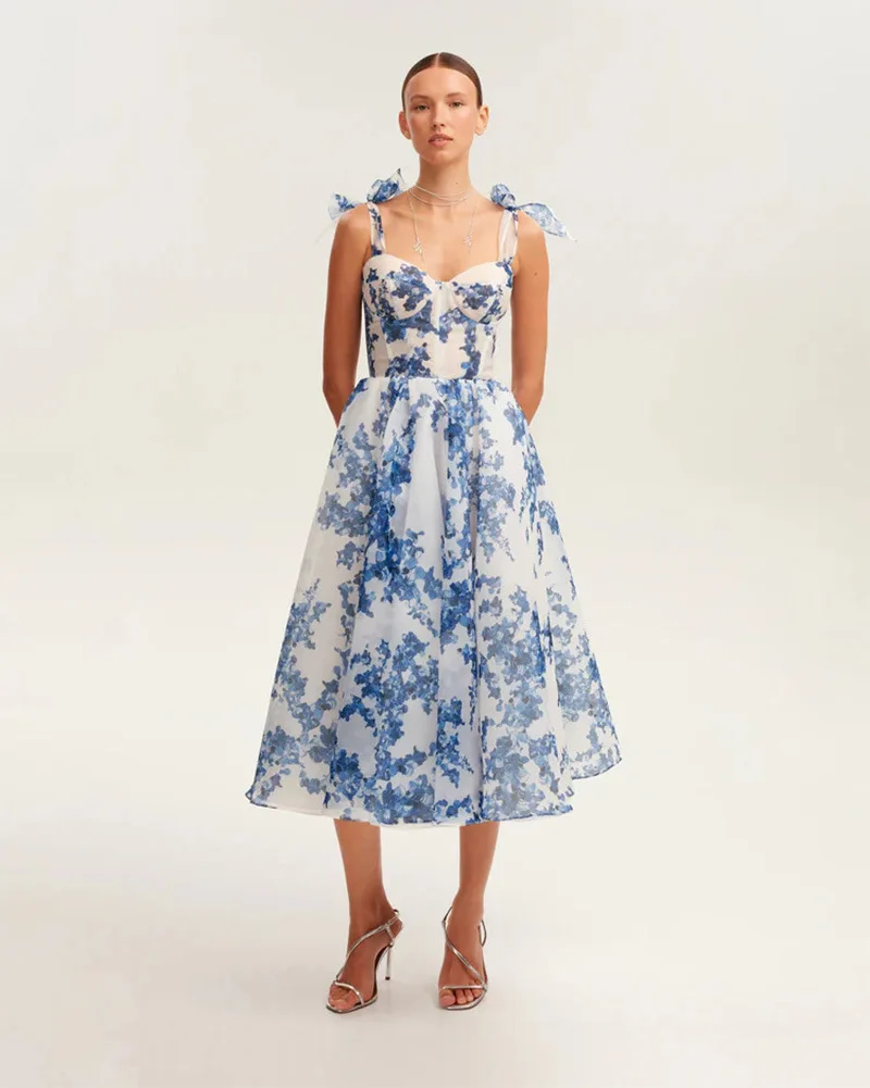 

Fashion Print Mesh Strap Dresses Spring Women Zipper Sleeveless Backless Dress Summer High Waist Big Swing Knee Length Dress