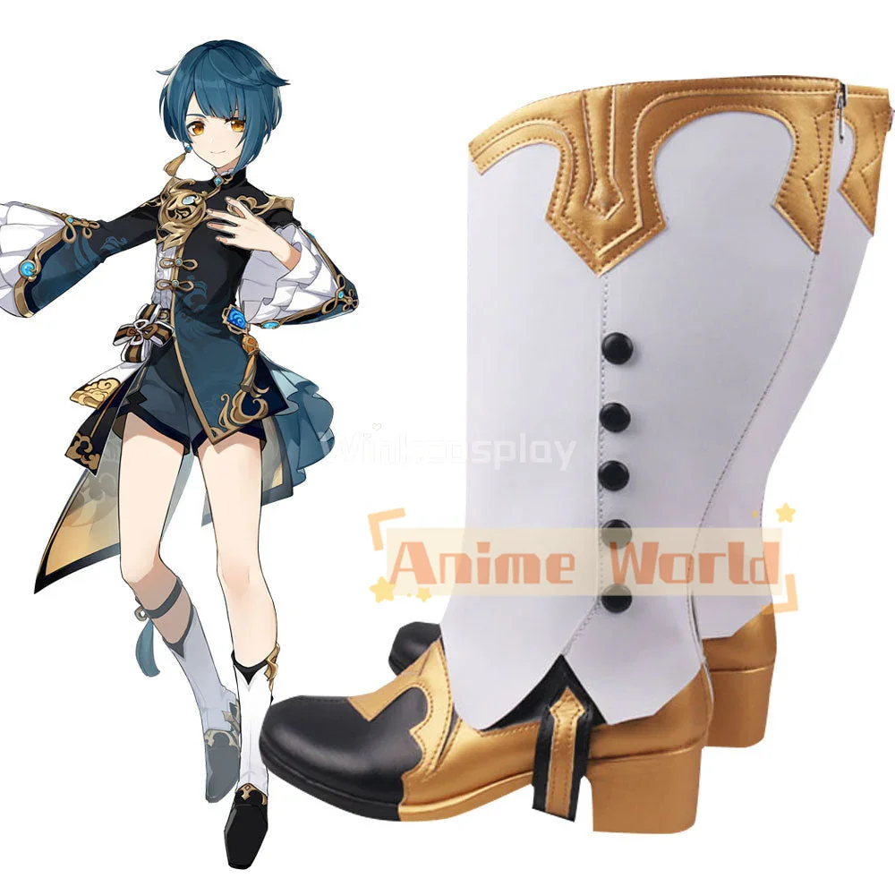 Genshin Impact Xingqiu scarpe bianche nere stivali Cosplay stivali di carnevale di Halloween su misura