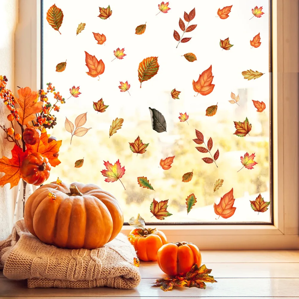 Thanksgiving Day Window Wall Sticker Home Warm Decoration Glueless Autumn Maple Leaf Sticker Art Pvc Sticker Decal Glass Door