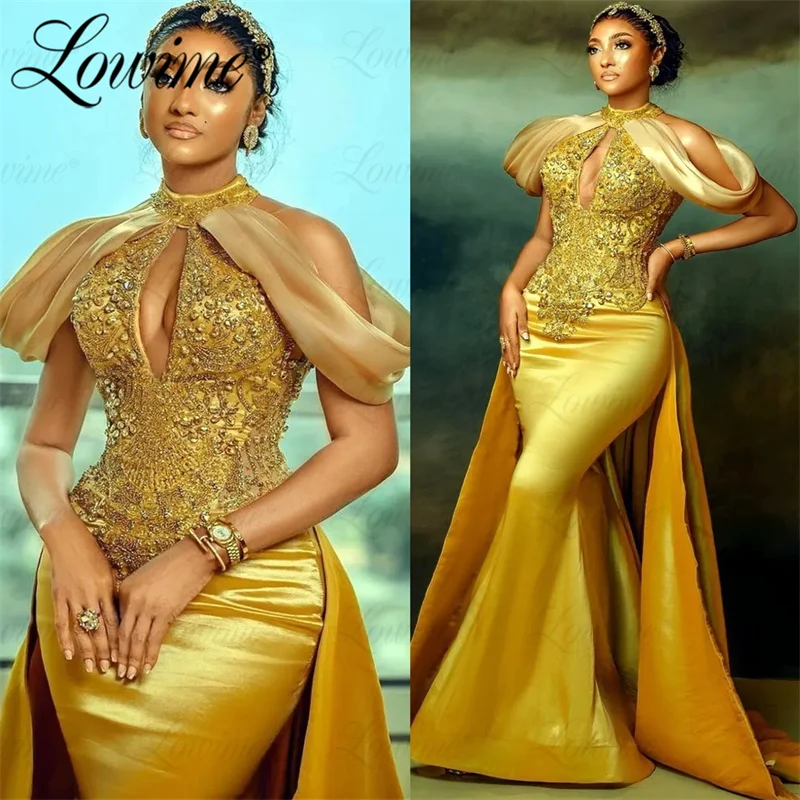 2024 Gold Evening Gowns Arabic Aso Ebi Mermaid Beaded Crystals Party Dress African Women Wedding Engagement Prom Dresses Robes