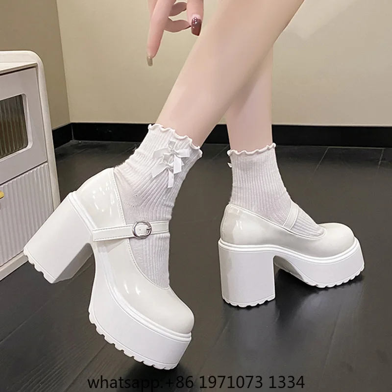 チャンキーヒール-ハイヒール-パンプス-レディース-2023年秋-puレザー-アンクルバックル-シューズ-女性用-太ヒール-ホワイト-ロリータシューズ