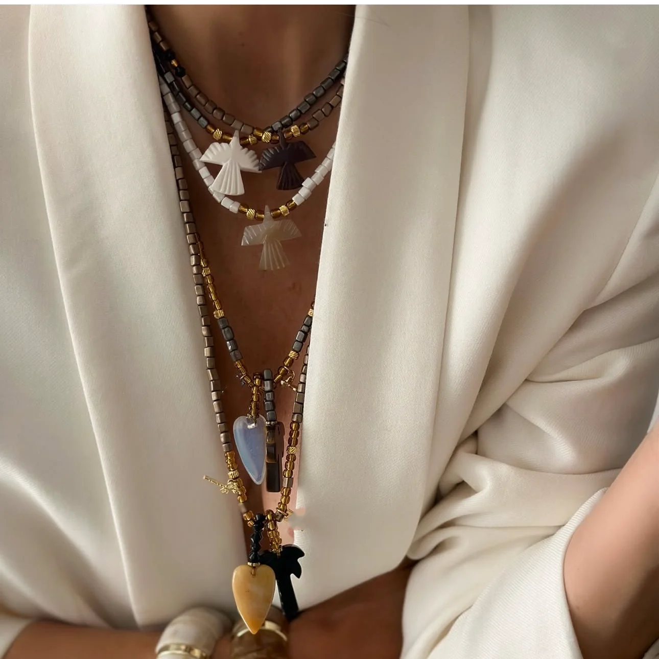 Bohemia Gems Stone Heart Pendant Necklace Women Glass Beaded Sweater Necklace Boho Jewelry Femme Wholesale view 2