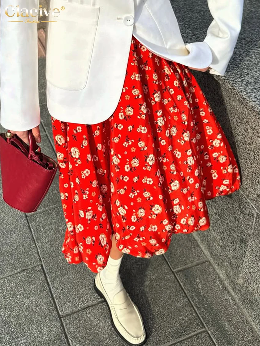 Clacive Vintage Loose Print Women's Skirt 2027 Spring High Waist Midi Skirt Elegant Classic Pleated Skirt Female Clothing