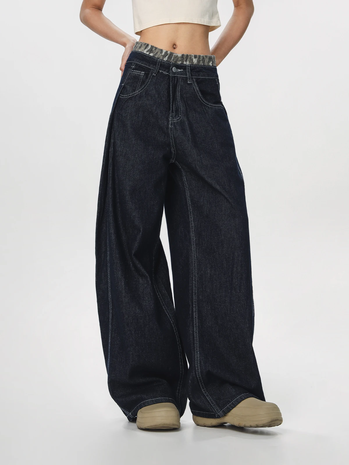 

Американские ретро-джинсы с двойным поясом, имитирующие двухслойность, женские, свободные, прямые, слегка расклешенные, широкие брюки, повседневная одежда, деним