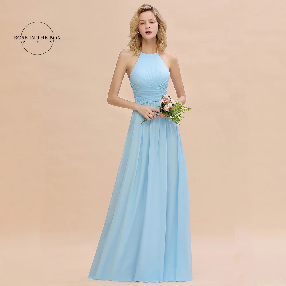 

Glamorous Sky Blue Halter Bridesmaid Dresses 2024 Women Chiffon Pleated A Line Long Prom Evening Gowns For Wedding Party