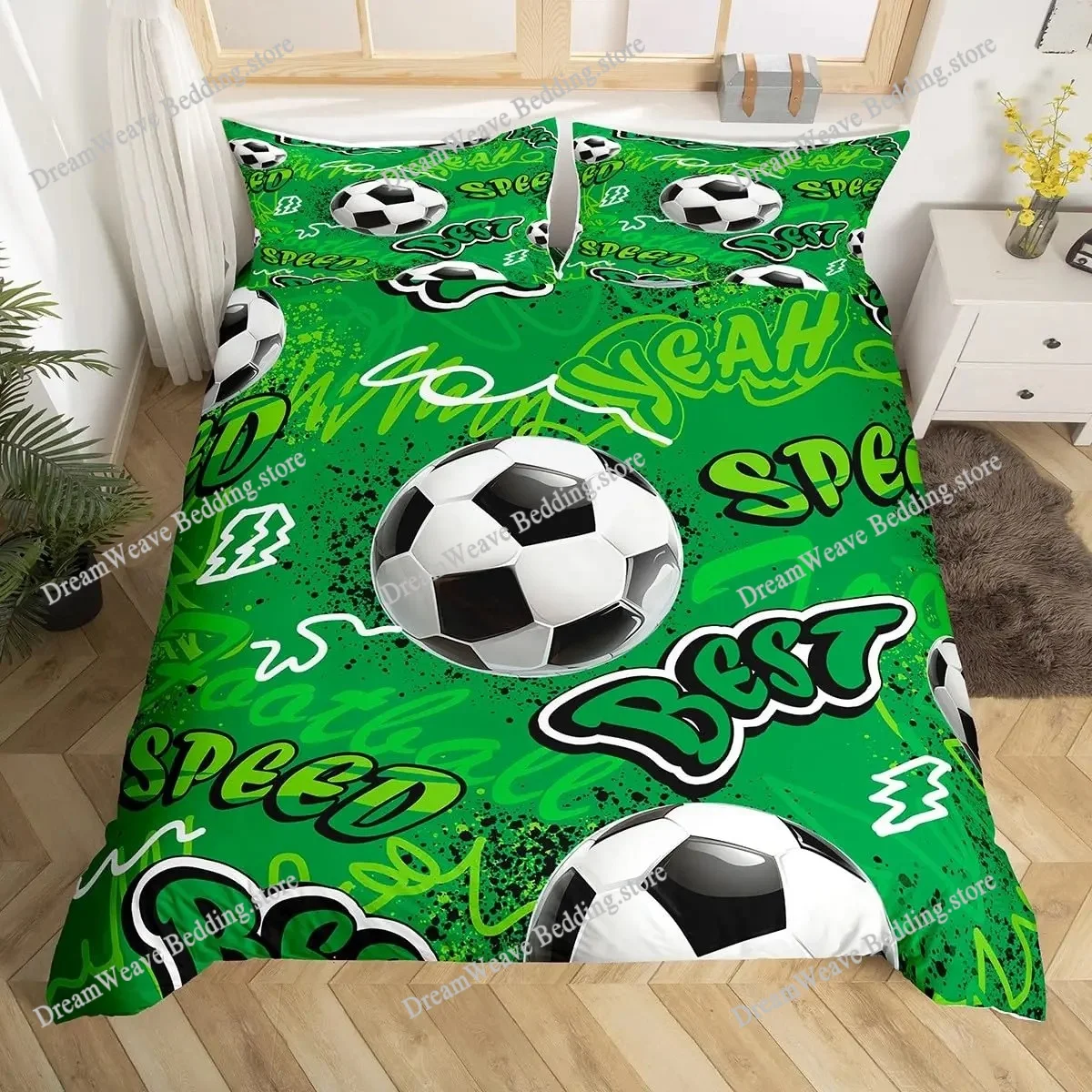

Cartoon Soccer Duvet Cover Set Printed Football Bedding Sets for Kids Boys Girls Bedroom Decor Sports Theme Comforter Cover Set