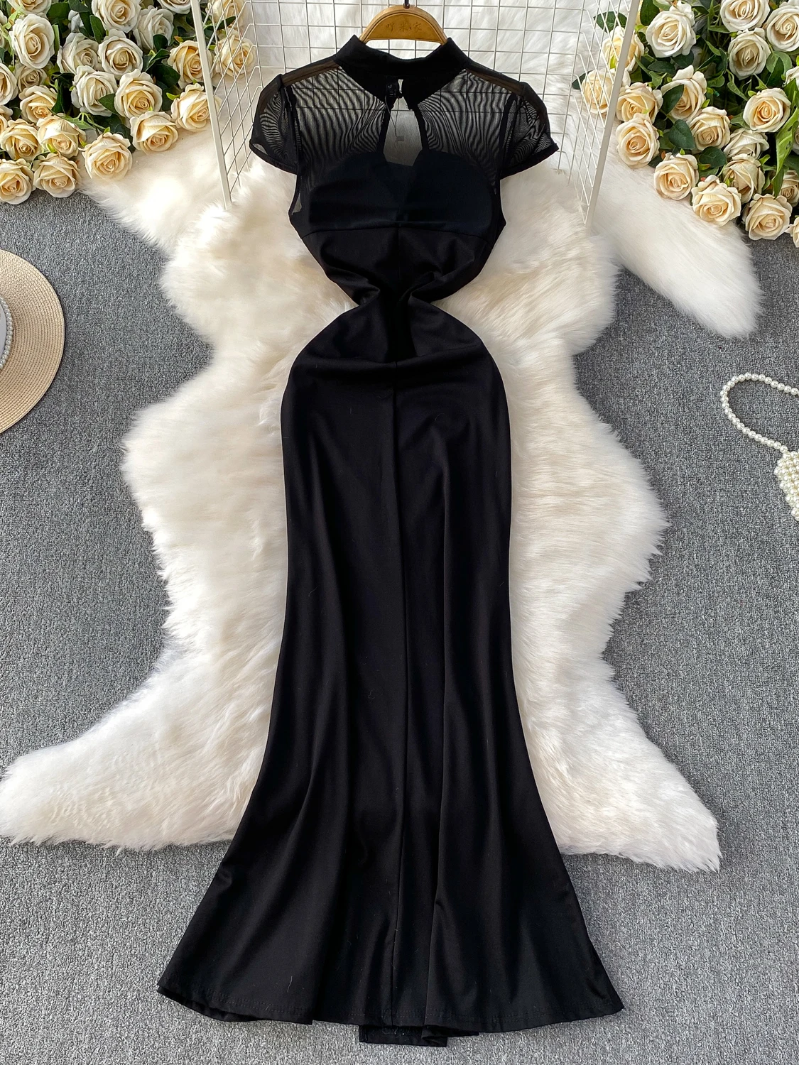 Retro Chinese Sle Sexy See-tough Me Splice Stand Collar Dr Women's Summer Pleated Waist-cinching Ele Long Dr