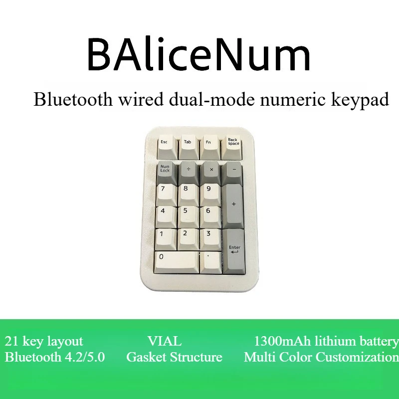 BAliceNum Numeric Keypad Customization Hot Swappable Bluetooth Wired Ergonomics Gasket Mini Keyboard RMK Support VIAL DIY Gifts