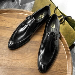 HANMCE Fashion Monk Shoes Hot Sale Breathable Cow Genuine Leather Pointed Toe Buckle Strap Men's Dress Shoes 26-Y32