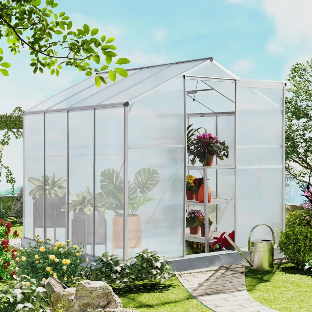 

6'x8' Polycarbonate Greenhouse for Outdoors, Heavy Duty Aluminum Green House with Rain Gutter, Sliding Doors & Vent Window