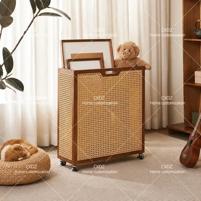 Medieval Solid Wood Rattan Storage Box with Wheels Movable Basket for Badminton Racket Yoga Mat Fitness Equipment