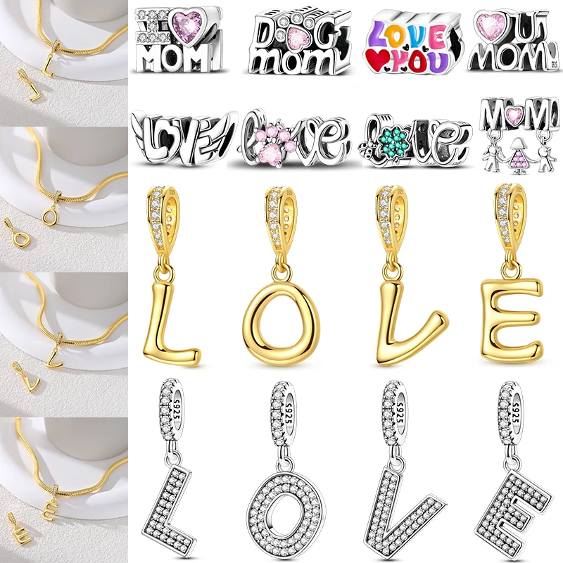 

925 Sterling Silver Love Mom Letter Bead A-Z Alphabet Charms Fit Original Bracelet Jewelry Making DIY Gift Women