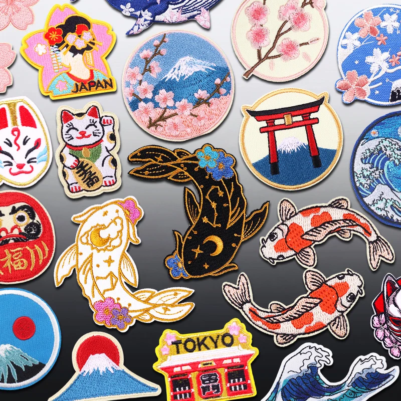 Patches bordados com gato da sorte do Monte Fuji do Japão, flores de cerejeira, patches termocolantes para roupas, patch termoadesivo fusível.