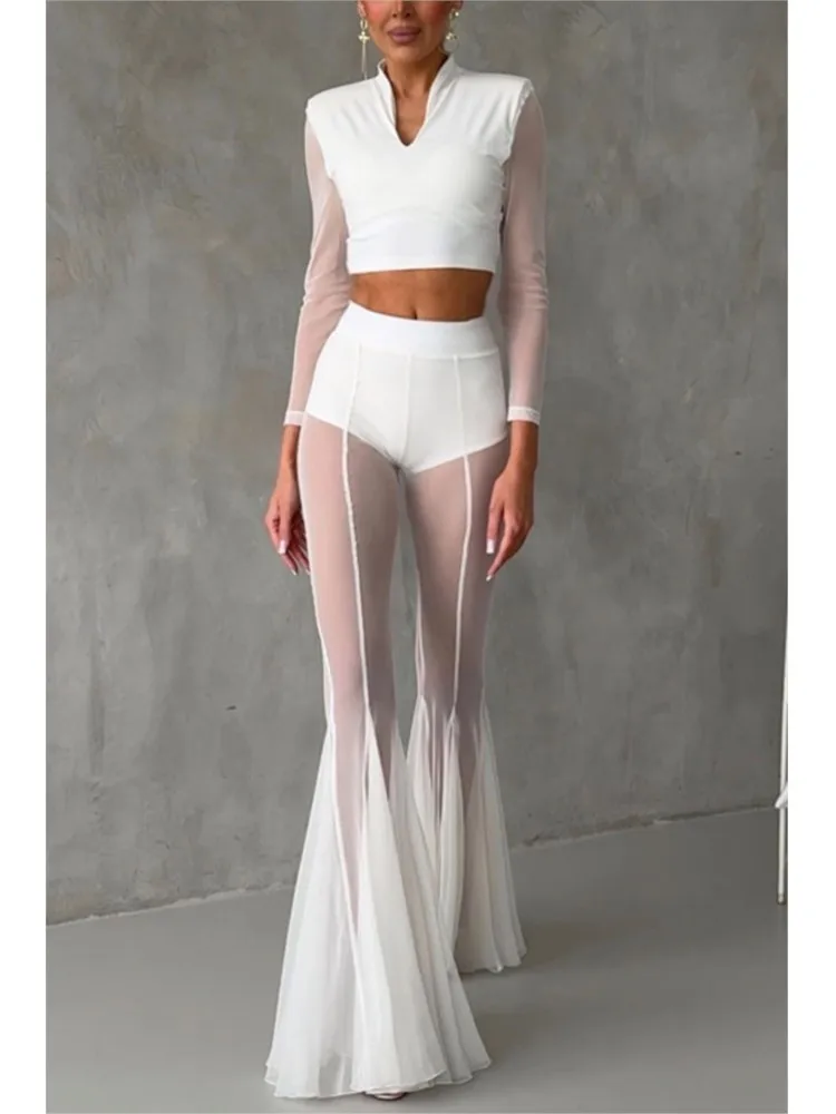 

Сексуальные прозрачные брюки-клеш для женщин, модные однотонные длинные брюки с высокой талией, женская повседневная праздничная уличная одежда, женская одежда, новинка 2025