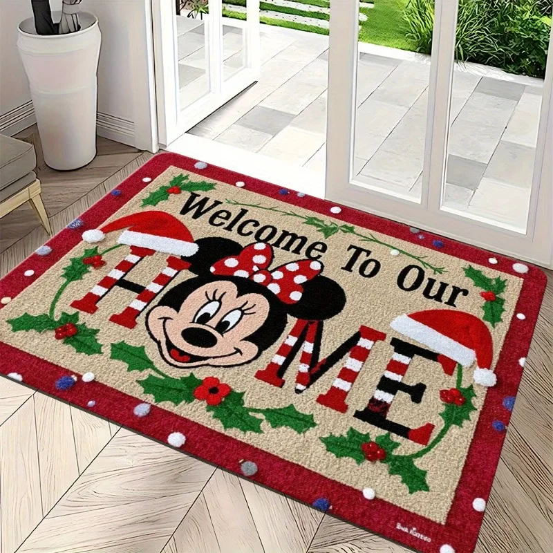 MINISO Disney Mickey Minnie Christmas Welcome Doormat Festive Red Mat with Santa Hats Holly Bathroom Bedroom Area Mat Decoration