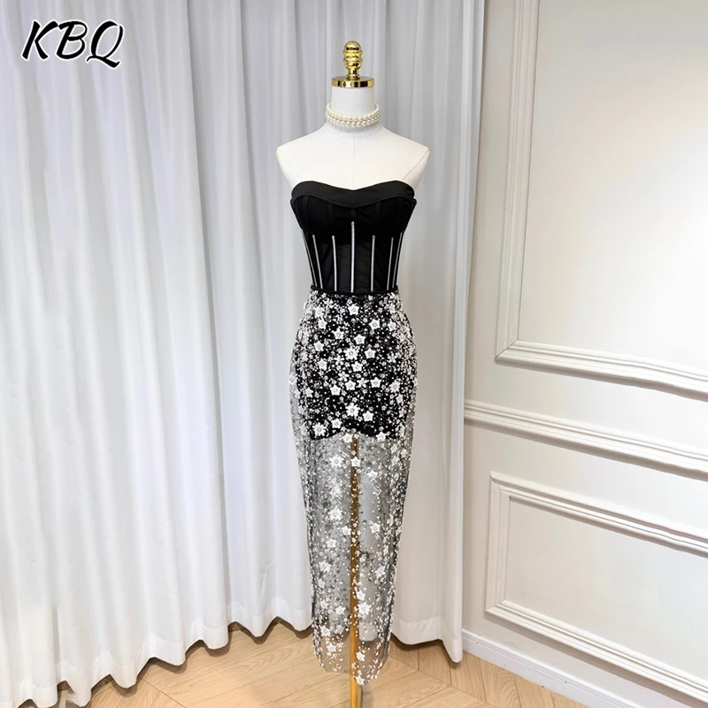 

KBQ Slimming Spliced Floral Sequins Backless Chic Dresses For Women Strapless Sleeveless Sheer Evening Dress Female Fashion New