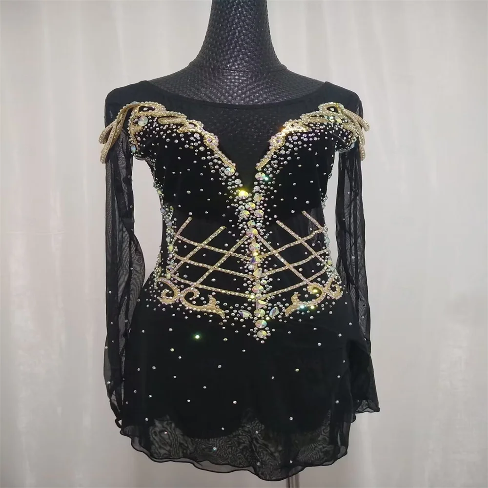 

Ice Skating Dress Girls Figure Skating Outfit Elegant Mesh Sleeves Rhinestone Style For Training And Show